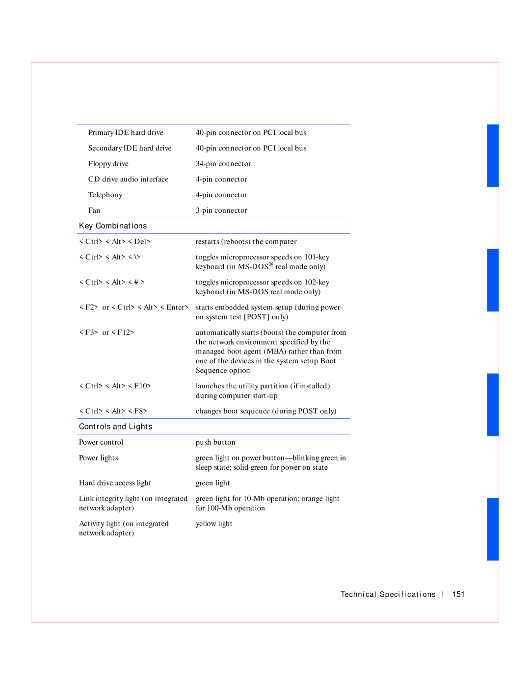 Dell GX240 manual Key Combinations, Sequence option, Controls and Lights, Technical Specifications 151 