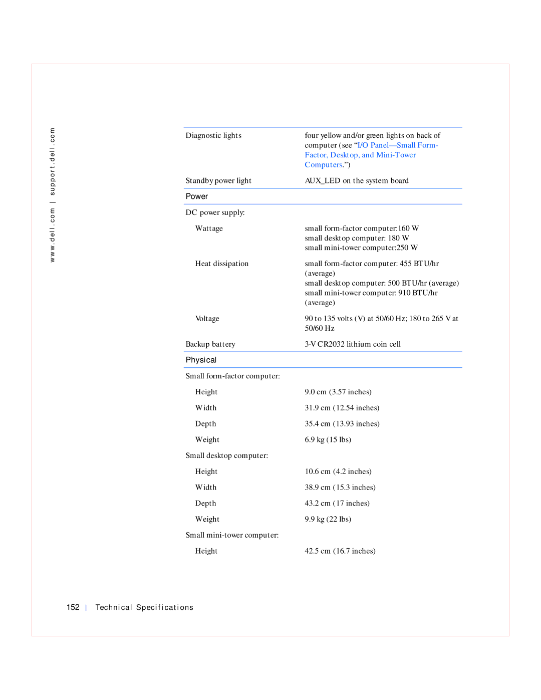 Dell GX240 manual Power, Physical, Technical Specifications 