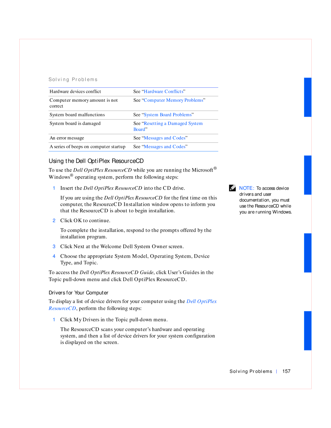 Dell GX240 manual Using the Dell OptiPlex ResourceCD, Drivers for Your Computer, Solving Problems 157 