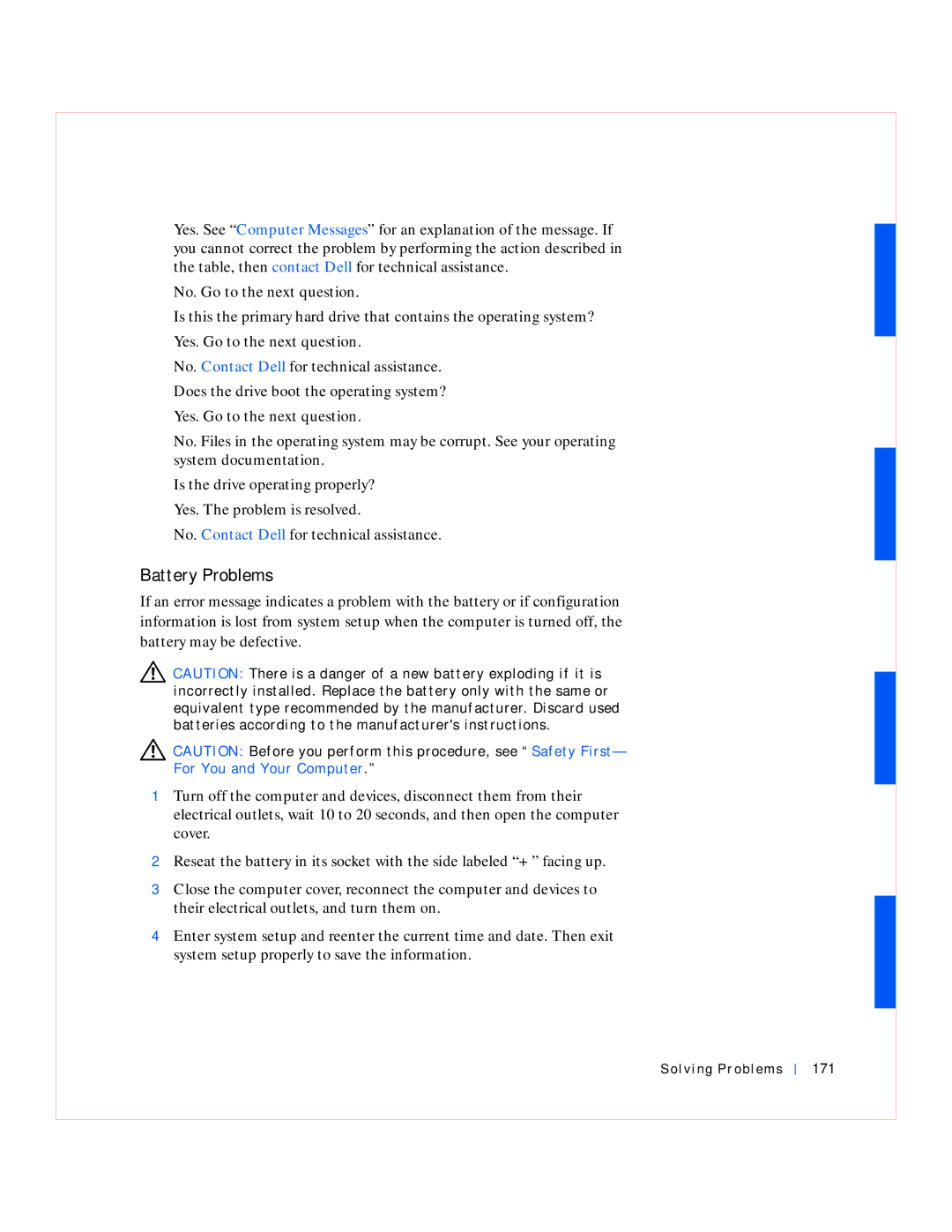 Dell GX240 manual Battery Problems, Solving Problems 171 