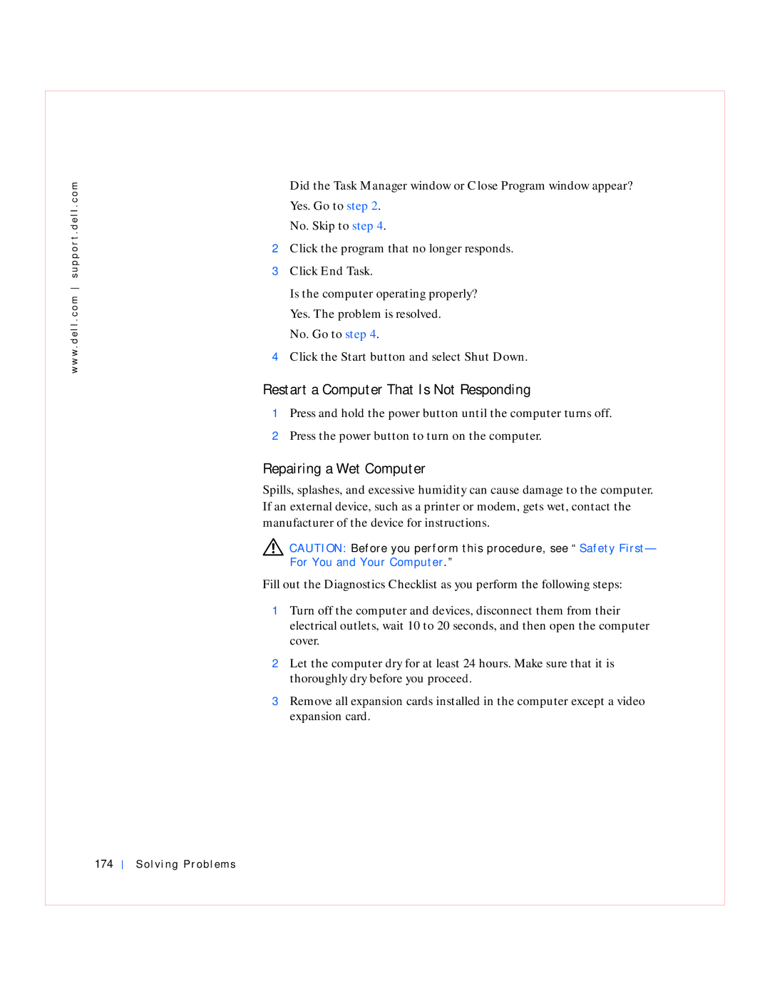 Dell GX240 manual Restart a Computer That Is Not Responding, Repairing a Wet Computer, Solving Problems 