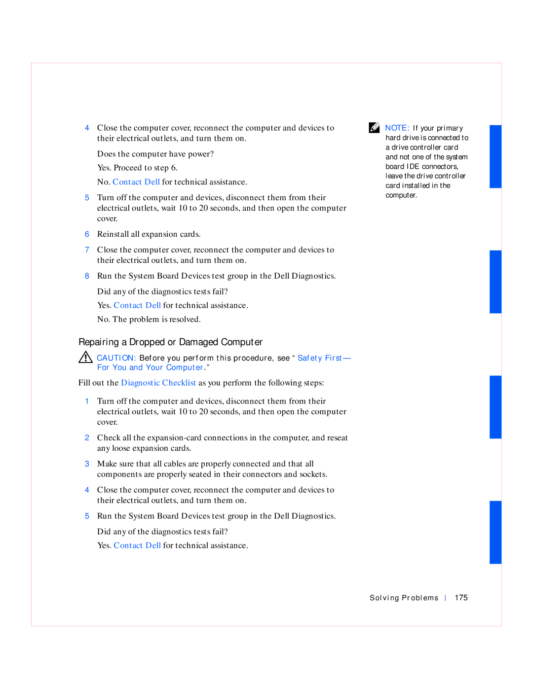 Dell GX240 manual Repairing a Dropped or Damaged Computer, Solving Problems 175 