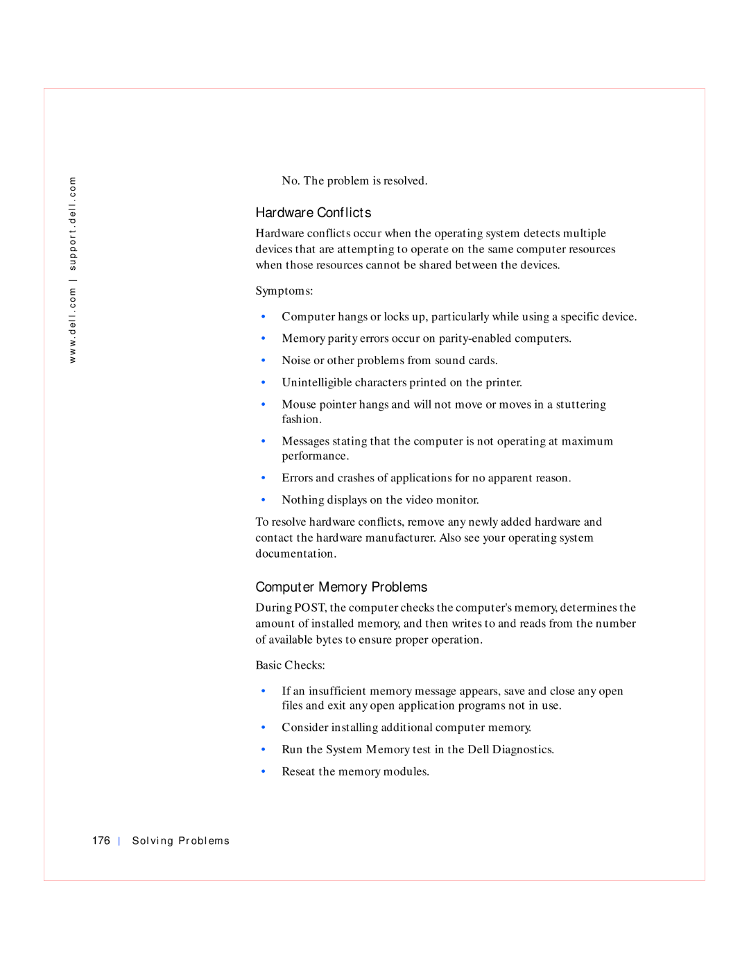 Dell GX240 manual Hardware Conflicts, Computer Memory Problems, Solving Problems 