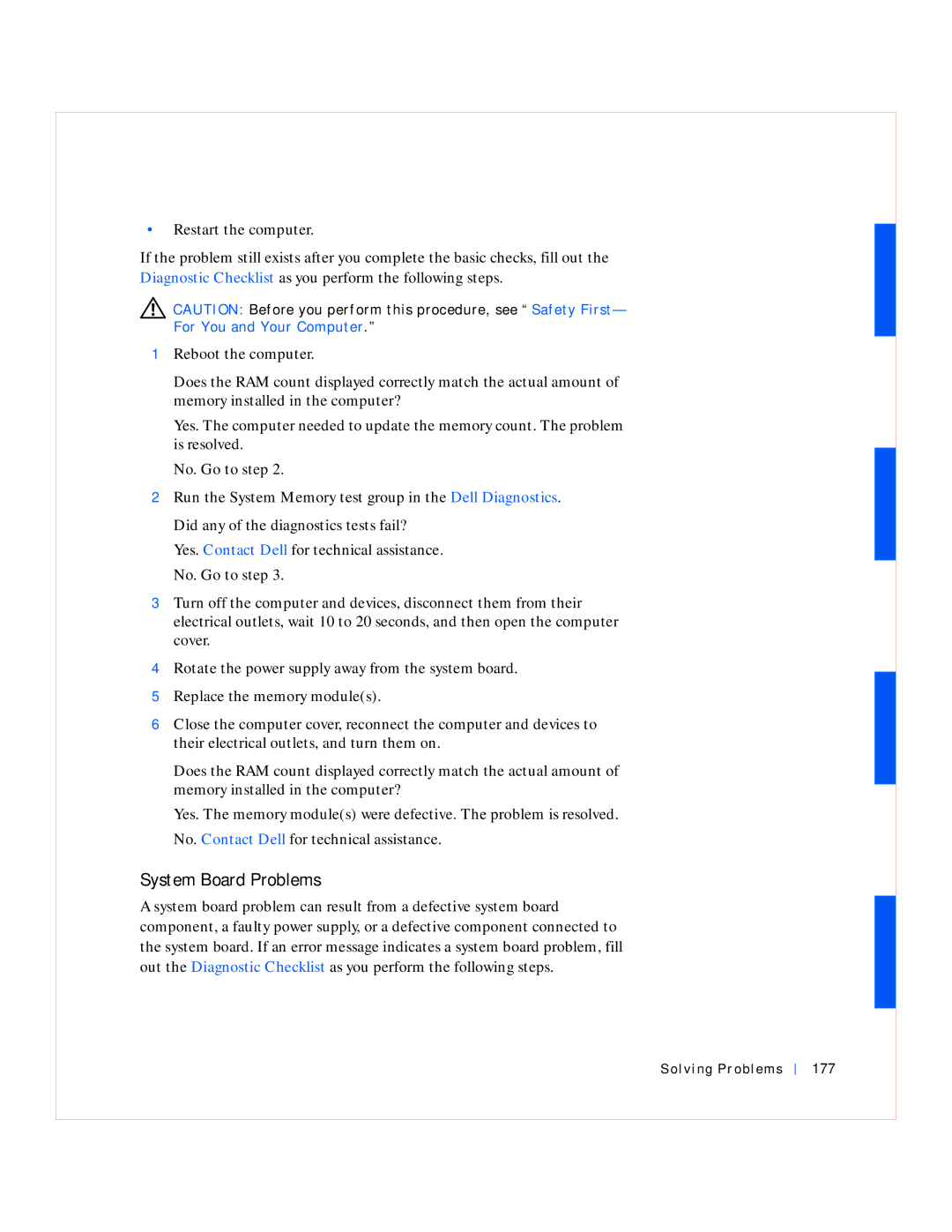 Dell GX240 manual System Board Problems, Solving Problems 177 