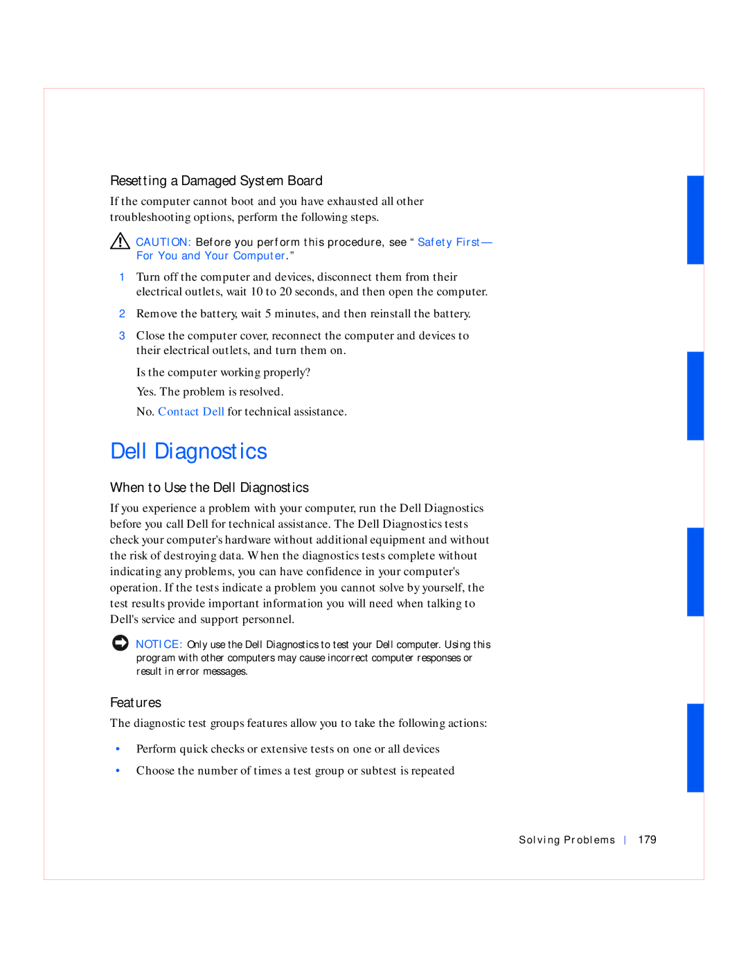 Dell GX240 manual Resetting a Damaged System Board, When to Use the Dell Diagnostics, Features, Solving Problems 179 