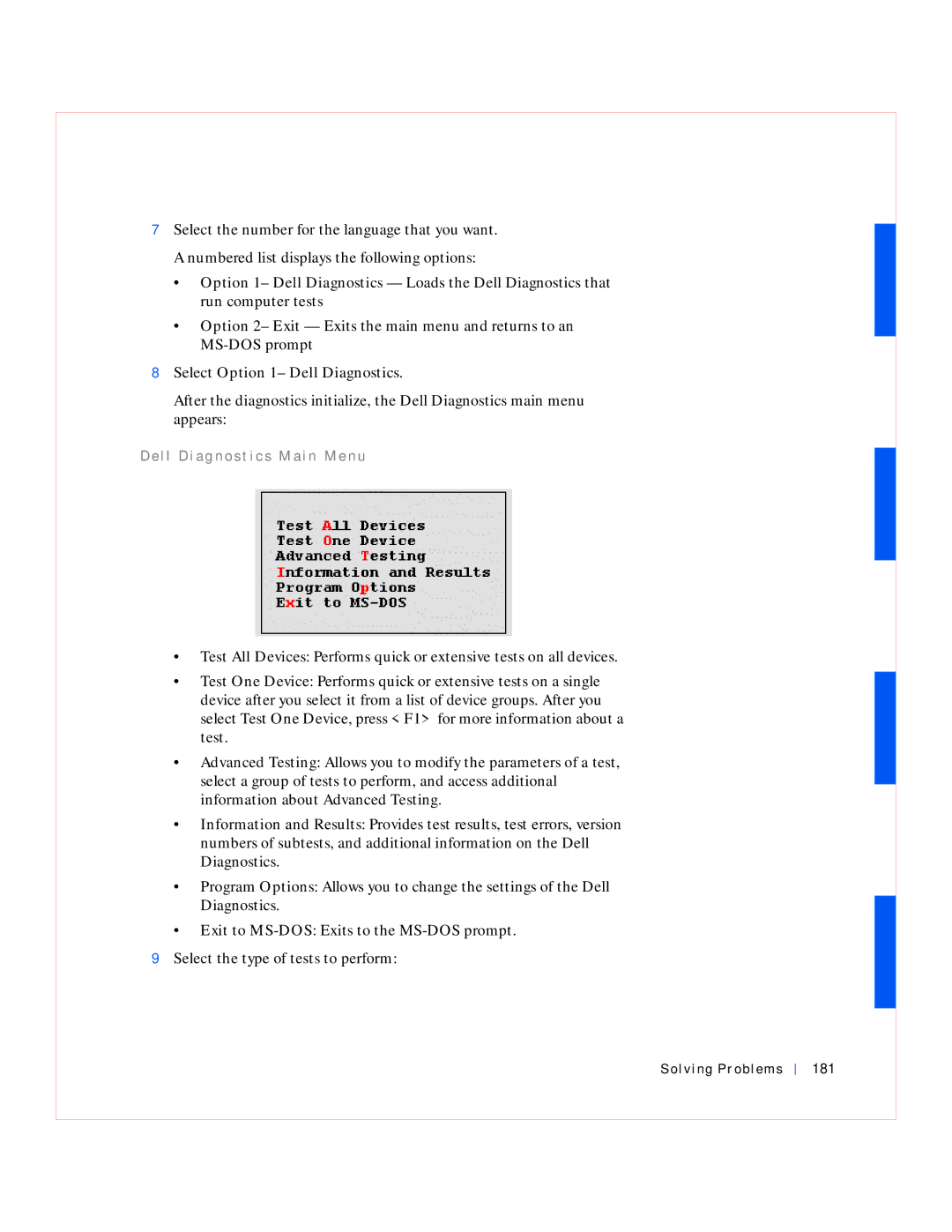 Dell GX240 manual Select Option 1- Dell Diagnostics, Solving Problems 181 