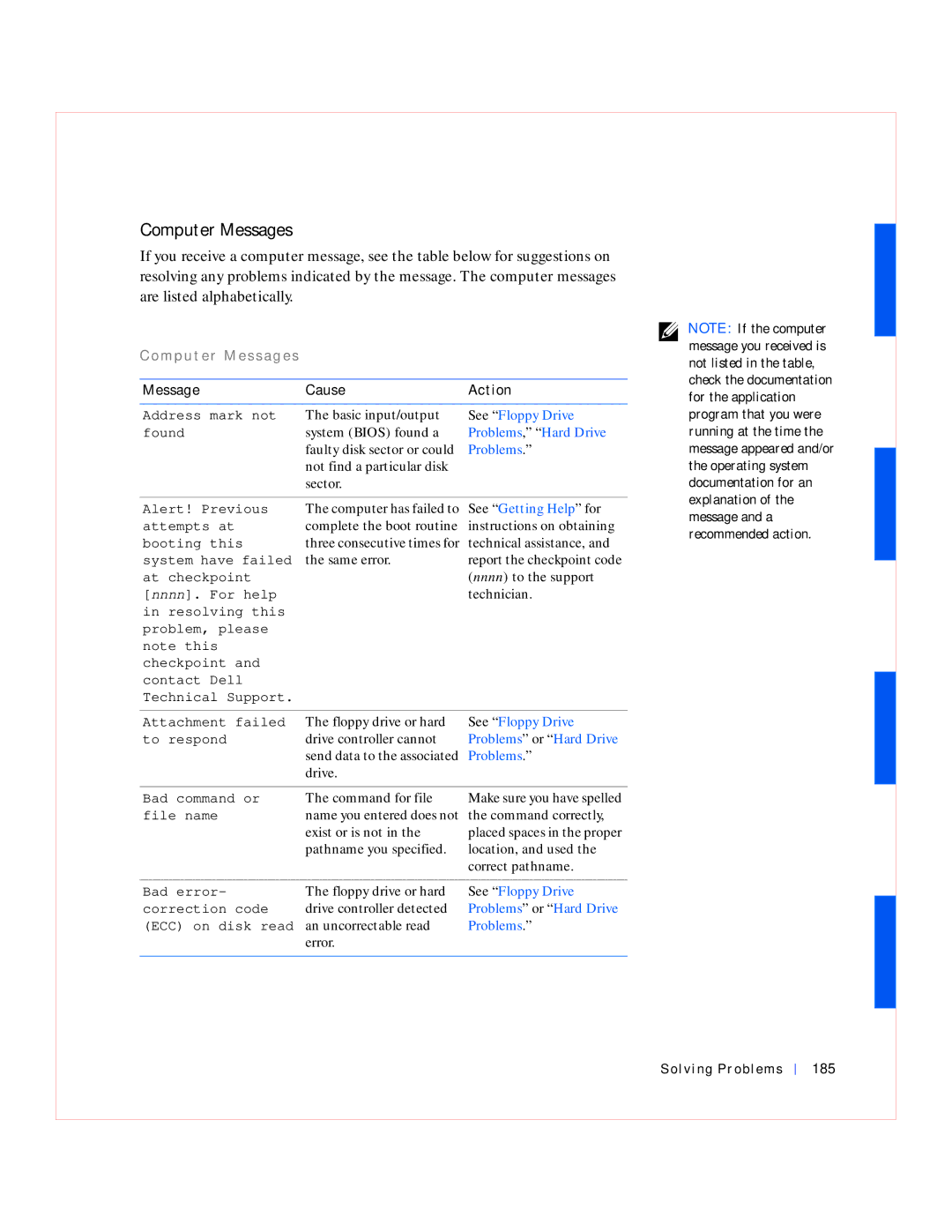 Dell GX240 manual Computer Messages, Message Cause Action, Solving Problems 185 
