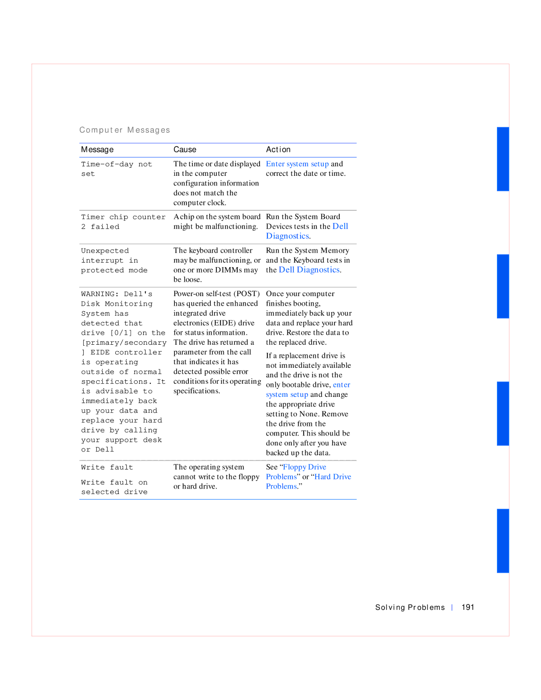 Dell GX240 manual System setup and change, Solving Problems 191 