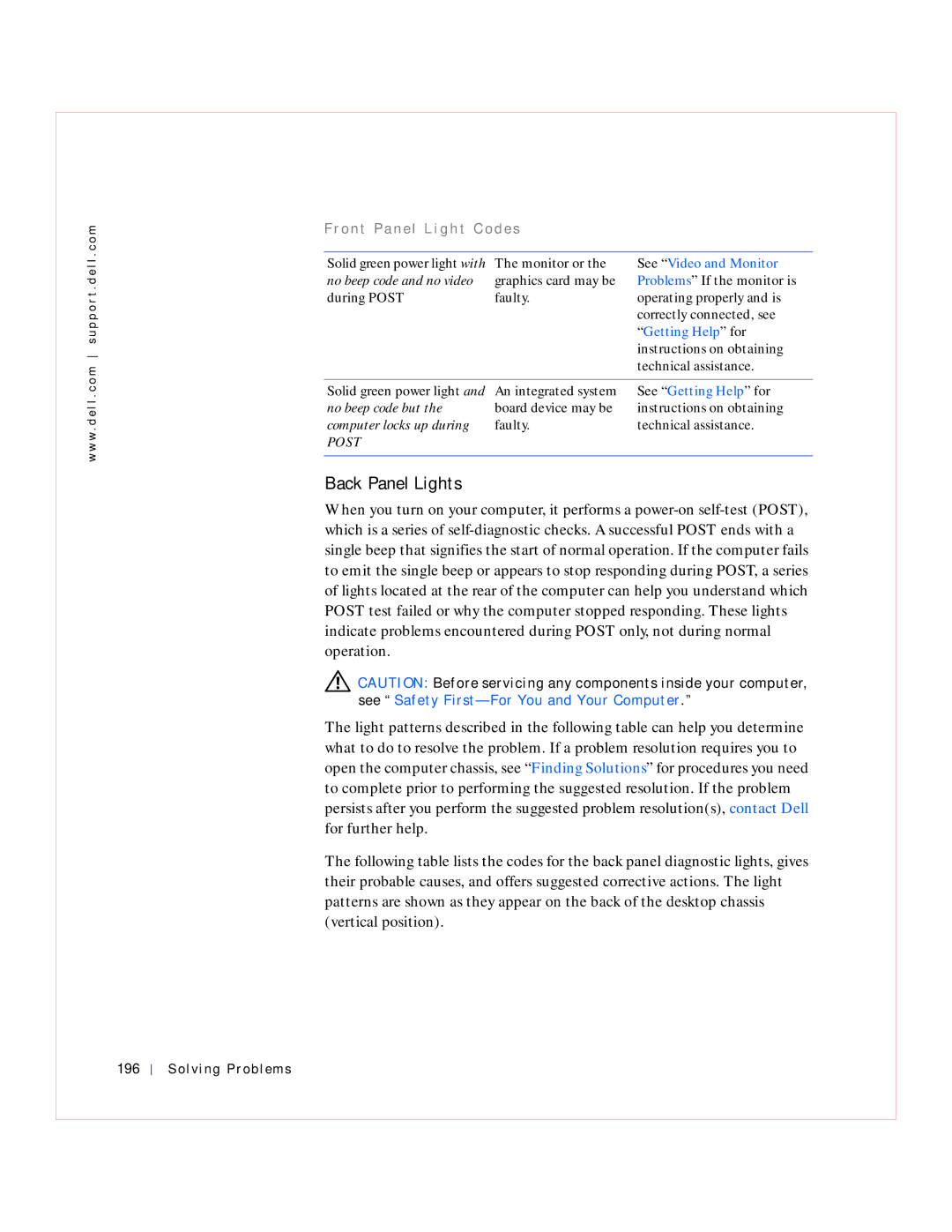 Dell GX240 manual Back Panel Lights, Solving Problems 