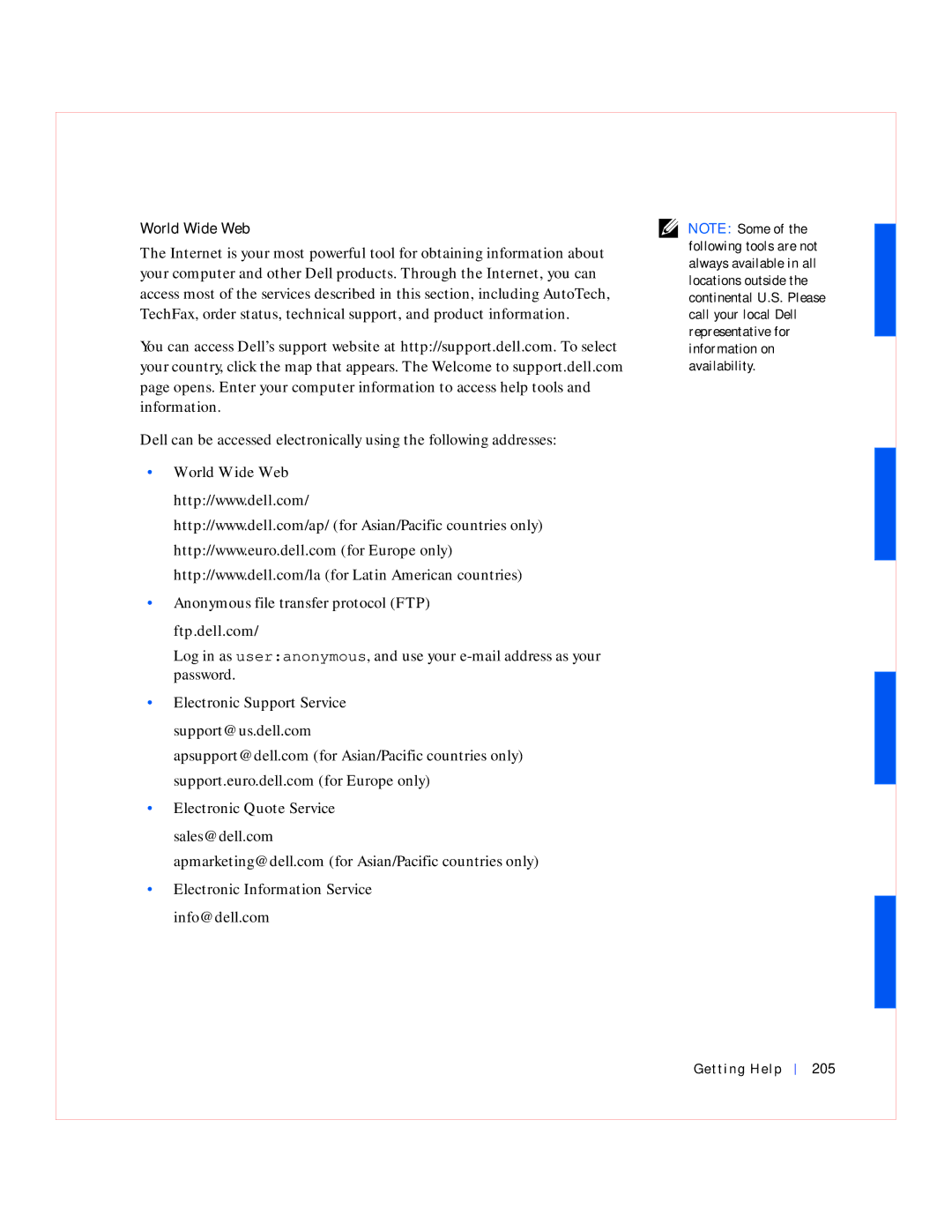 Dell GX240 manual World Wide Web, Getting Help 205 