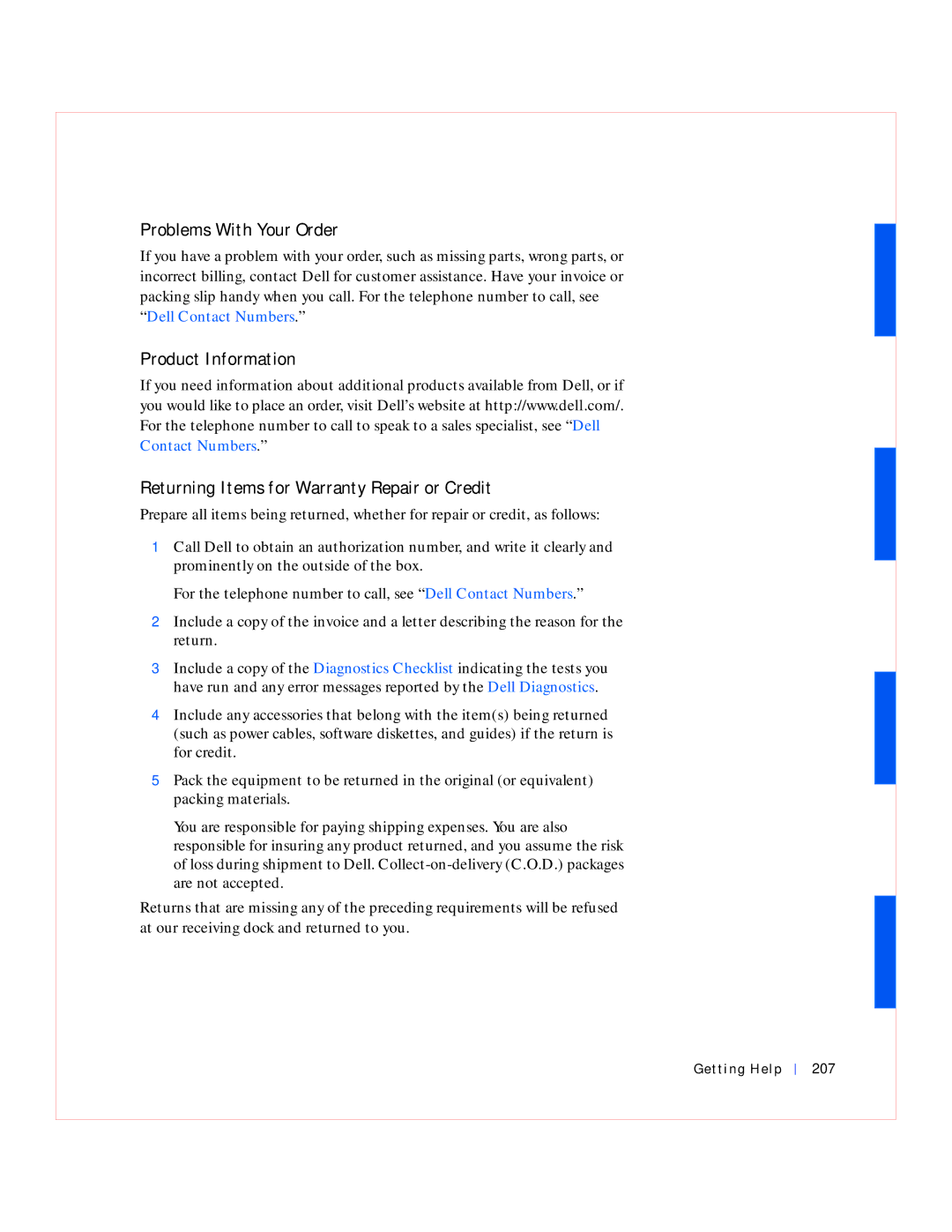 Dell GX240 manual Problems With Your Order, Getting Help 207 