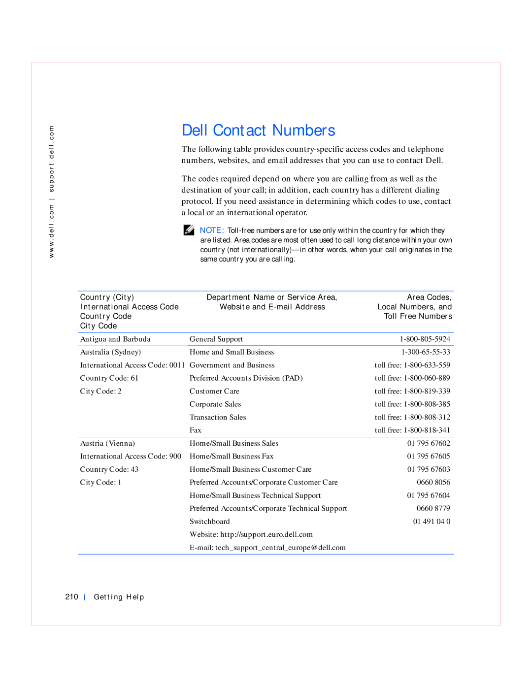 Dell GX240 manual Dell Contact Numbers, Antigua and Barbuda, Australia Sydney, Austria Vienna 