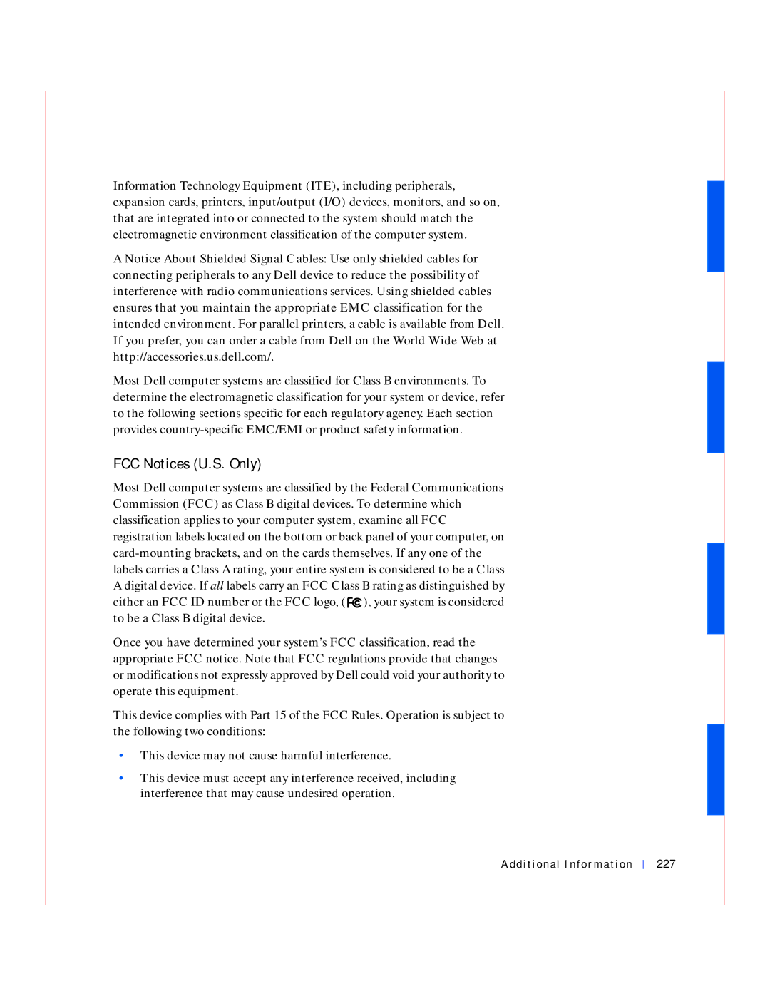 Dell GX240 manual FCC Notices U.S. Only, Additional Information 227 