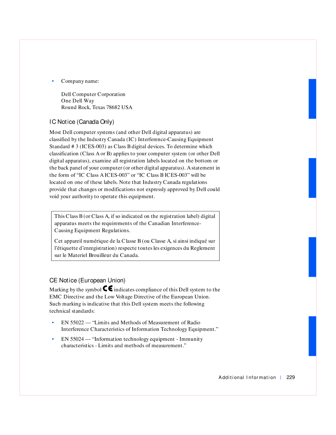 Dell GX240 manual IC Notice Canada Only, CE Notice European Union, Additional Information 229 