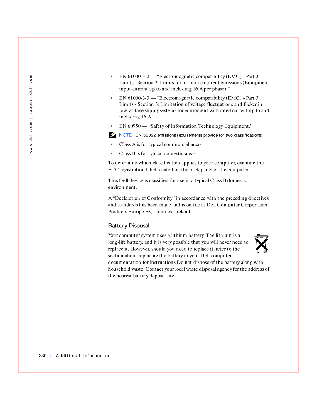 Dell GX240 manual Battery Disposal, Additional Information 