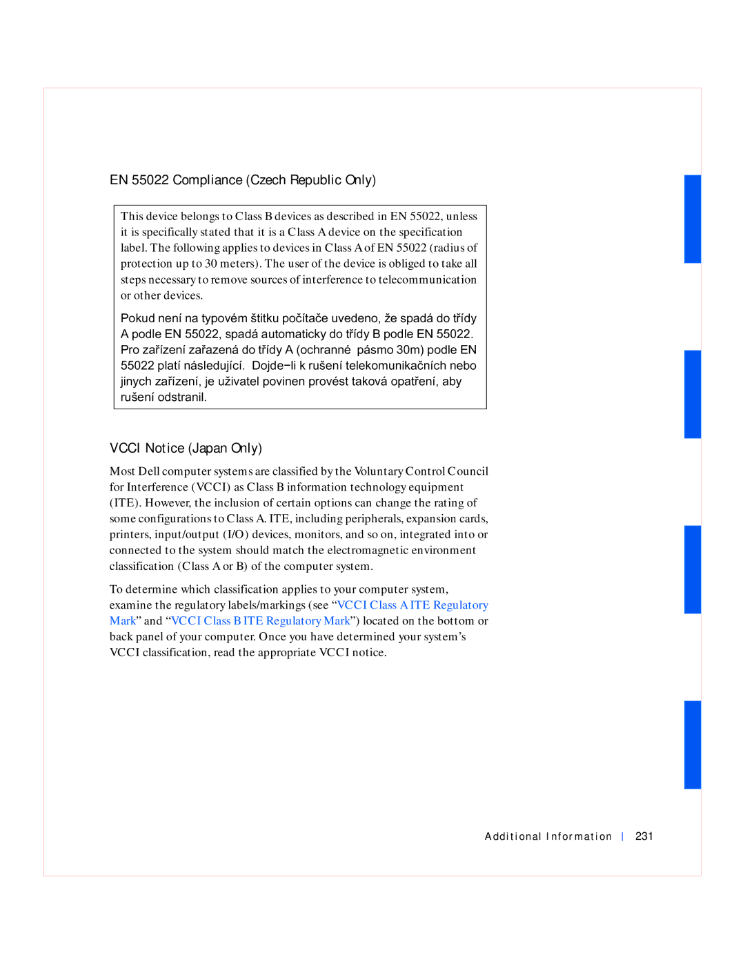 Dell GX240 manual EN 55022 Compliance Czech Republic Only, Vcci Notice Japan Only, Additional Information 231 