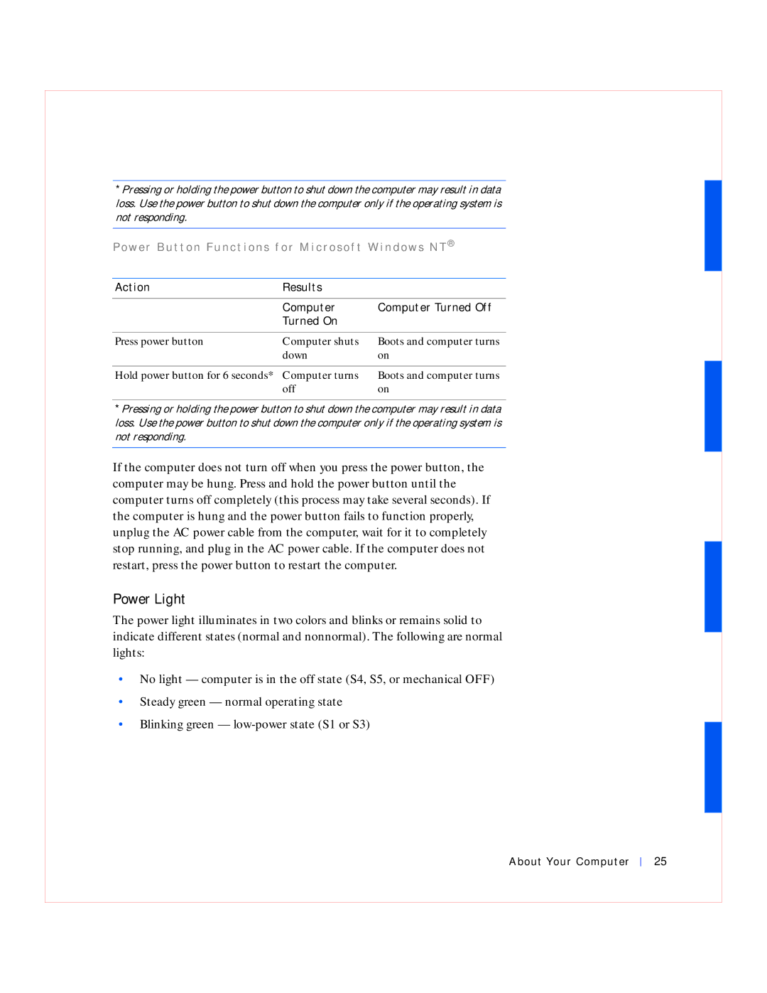 Dell GX240 manual Power Light, Action Results Computer Computer Turned Off Turned On 