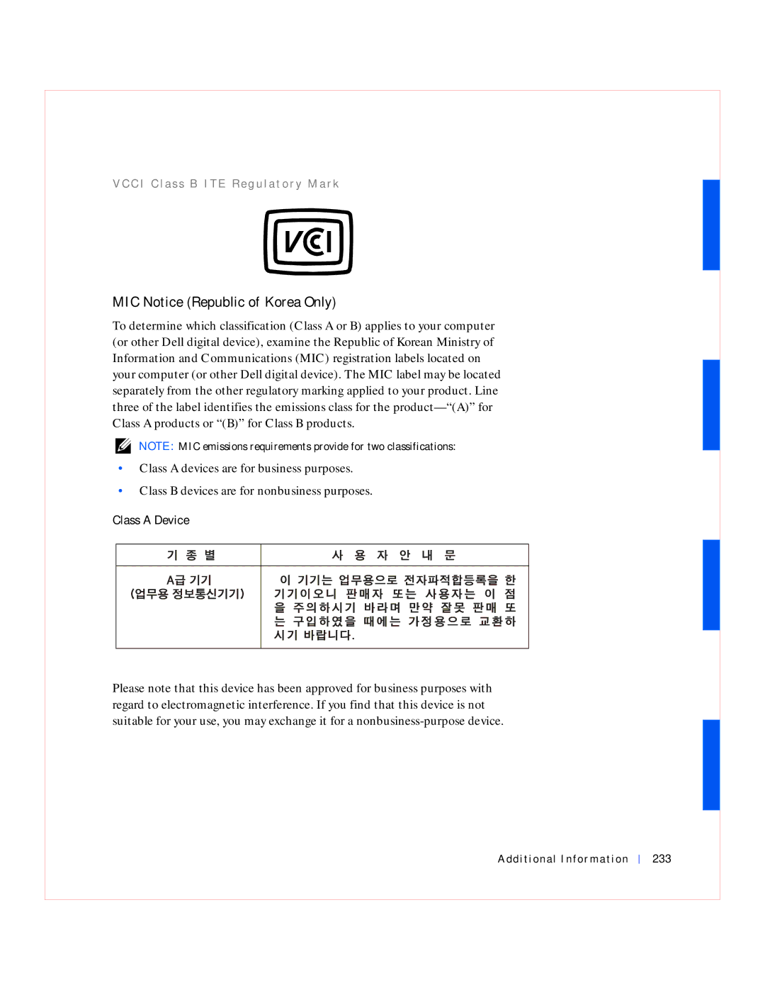 Dell GX240 manual MIC Notice Republic of Korea Only, Class a Device, Additional Information 233 