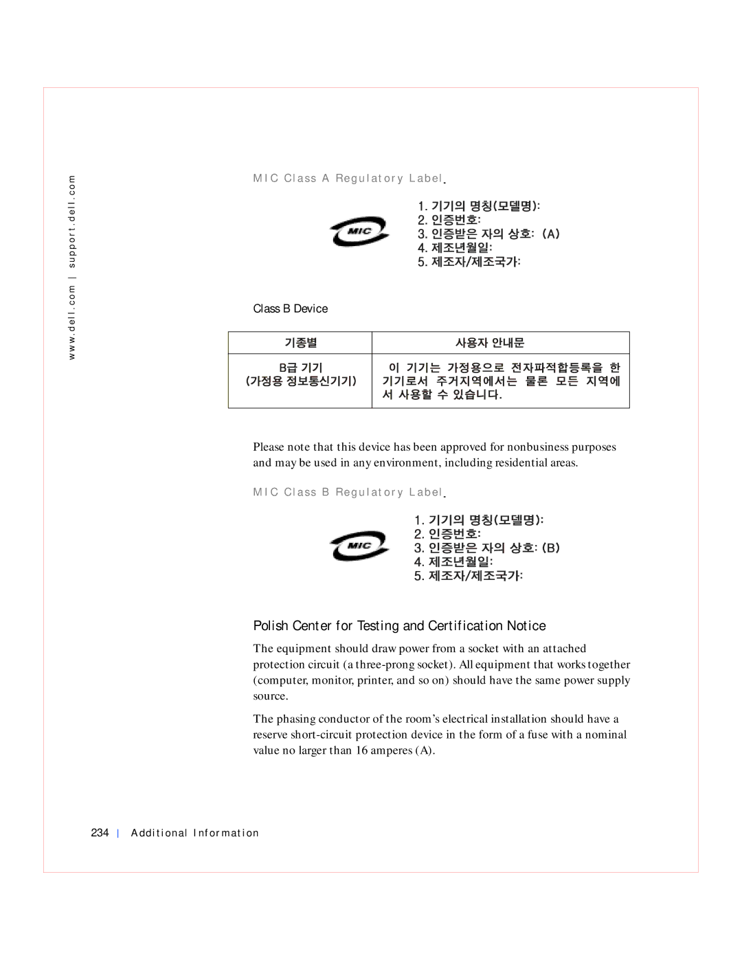 Dell GX240 manual Polish Center for Testing and Certification Notice, Class B Device, Additional Information 