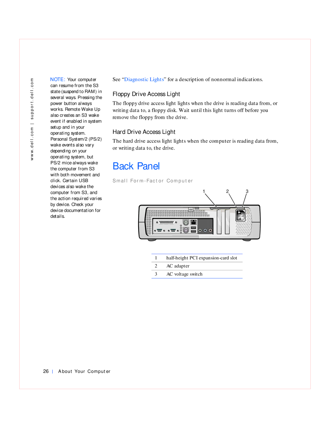 Dell GX240 manual Back Panel, Floppy Drive Access Light, Hard Drive Access Light 