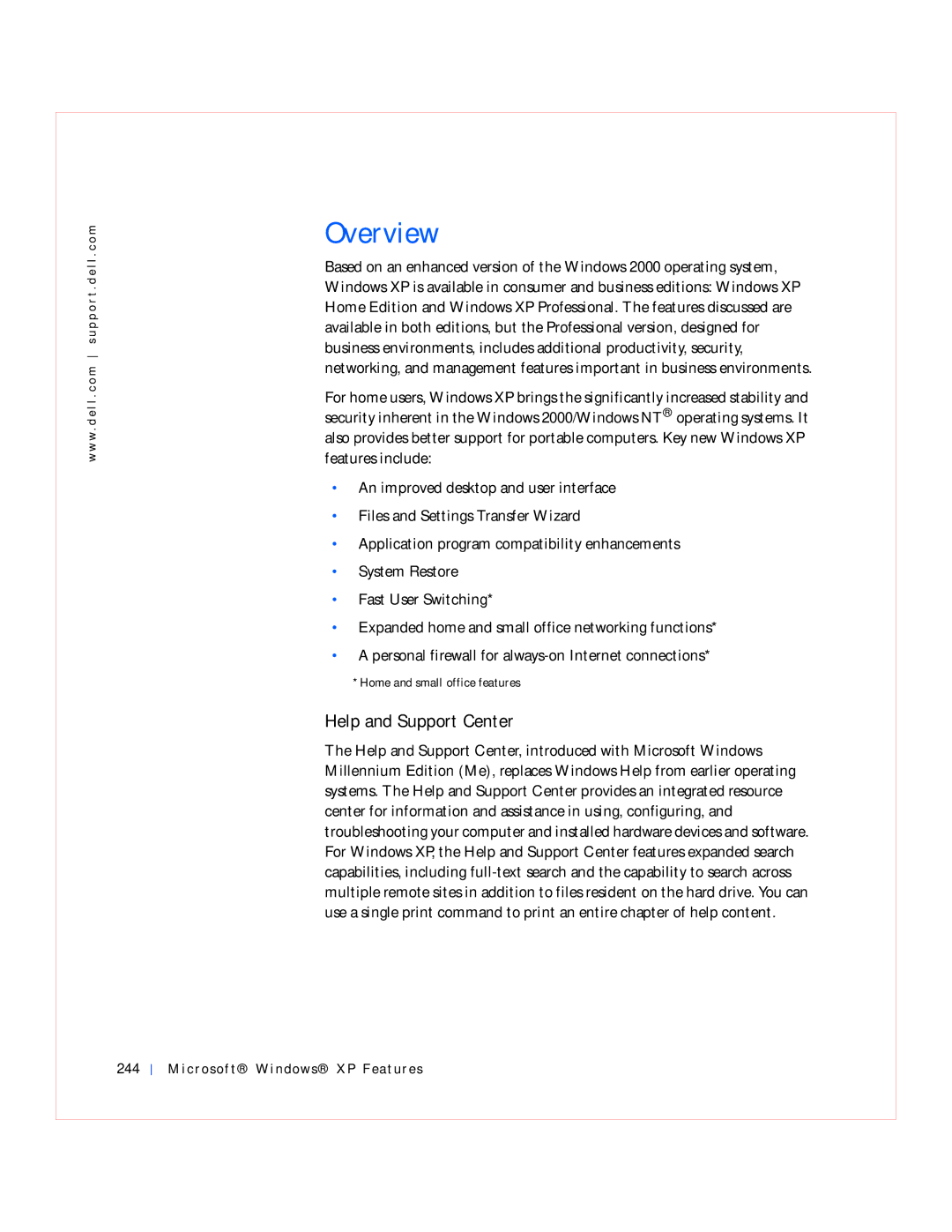 Dell GX240 manual Overview, Help and Support Center, Microsof t Windows XP Features 