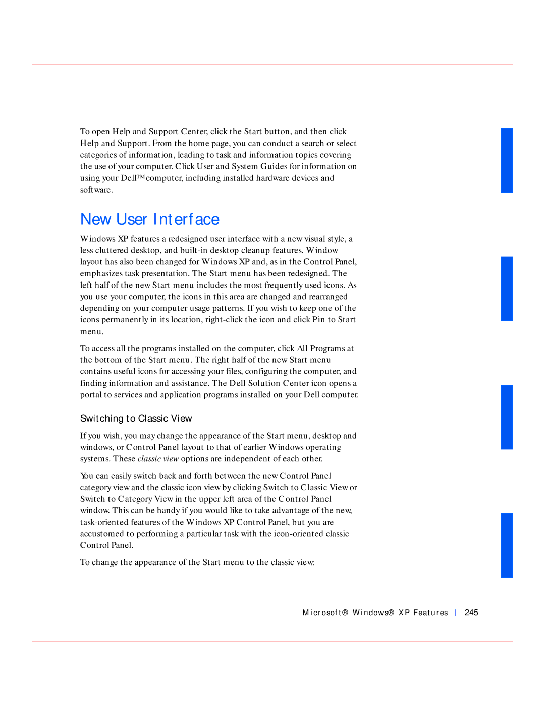 Dell GX240 manual New User Interface, Switching to Classic View, Microsof t Windows XP Features 245 