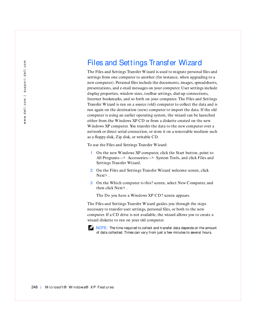Dell GX240 manual Files and Settings Transfer Wizard, Microsof t Windows XP Features 