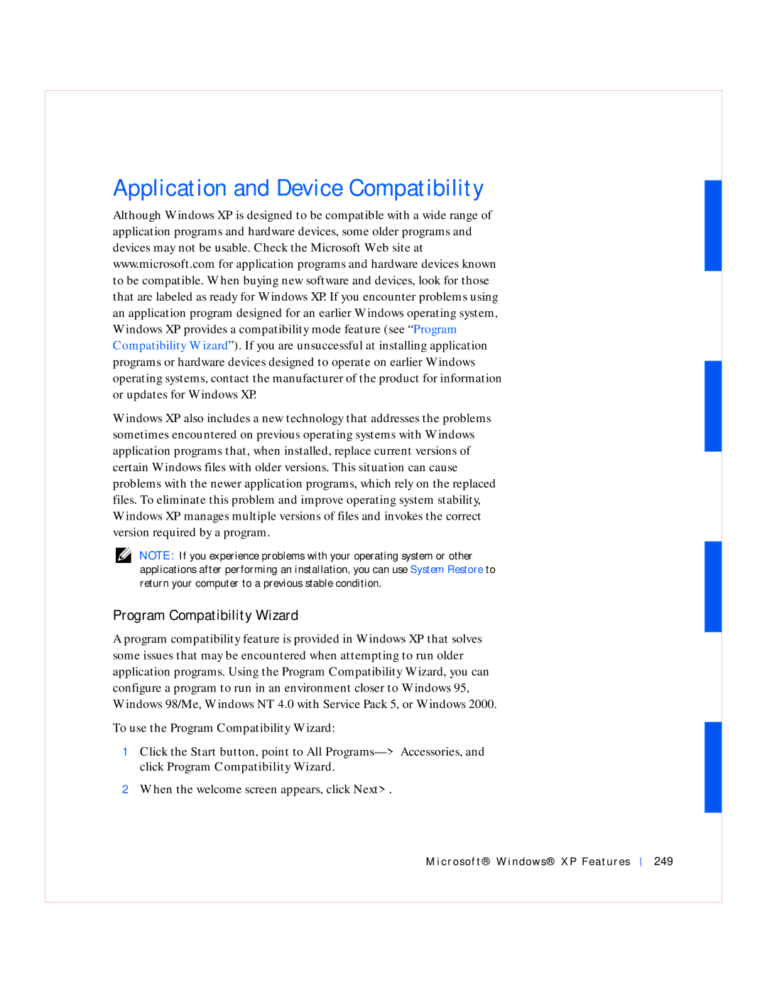 Dell GX240 manual Application and Device Compatibility, Program Compatibility Wizard, Microsof t Windows XP Features 249 