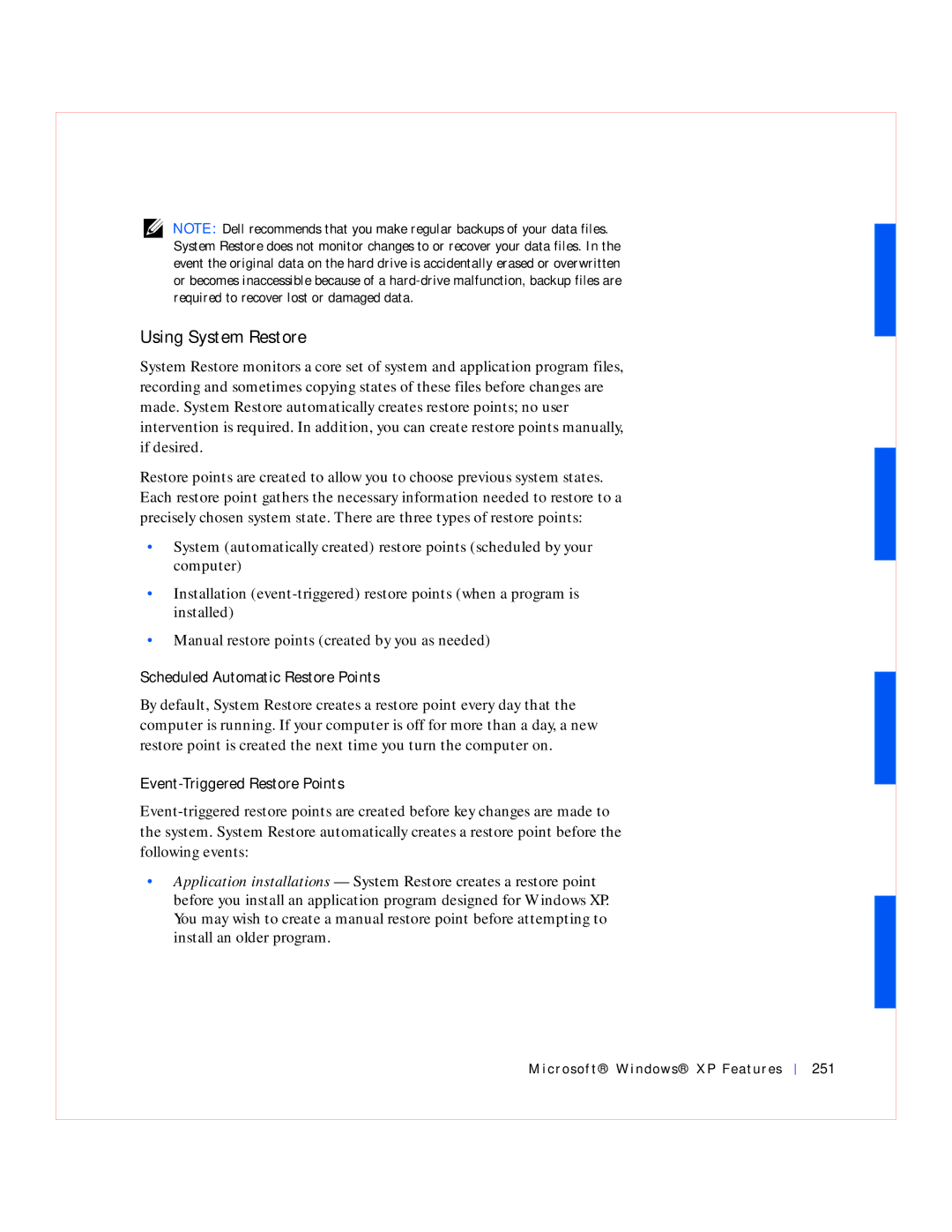 Dell GX240 manual Using System Restore, Scheduled Automatic Restore Points, Event-Triggered Restore Points 