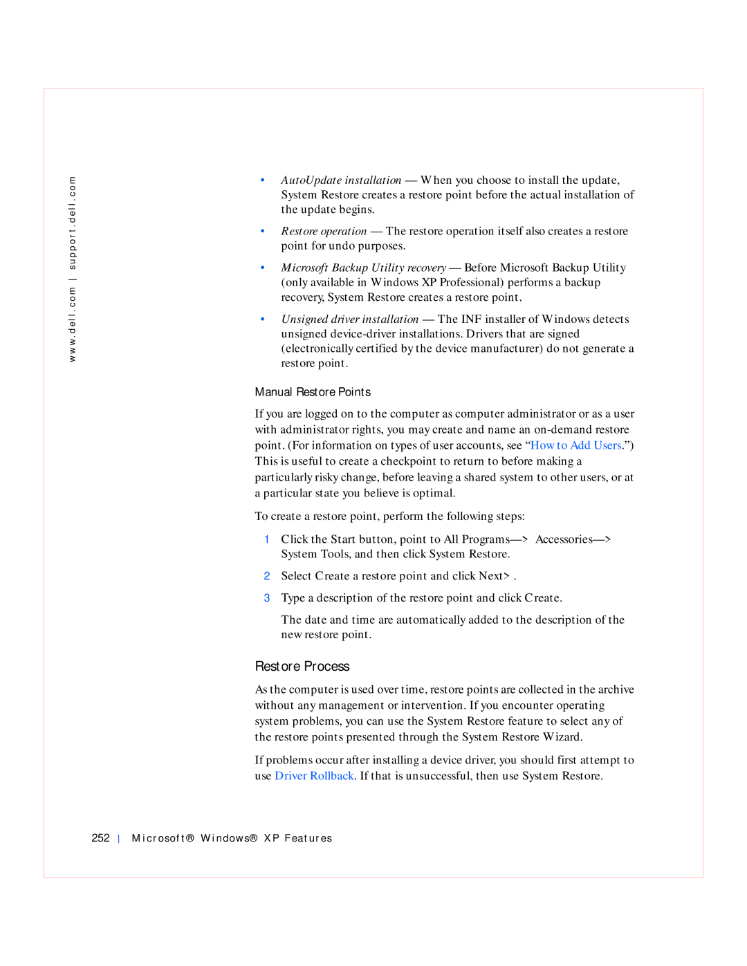 Dell GX240 manual Restore Process, Manual Restore Points, Microsof t Windows XP Features 