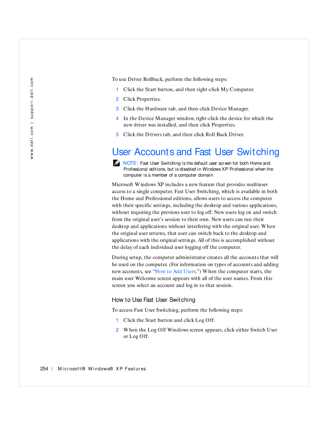 Dell GX240 manual User Accounts and Fast User Switching, How to Use Fast User Switching, Microsof t Windows XP Features 