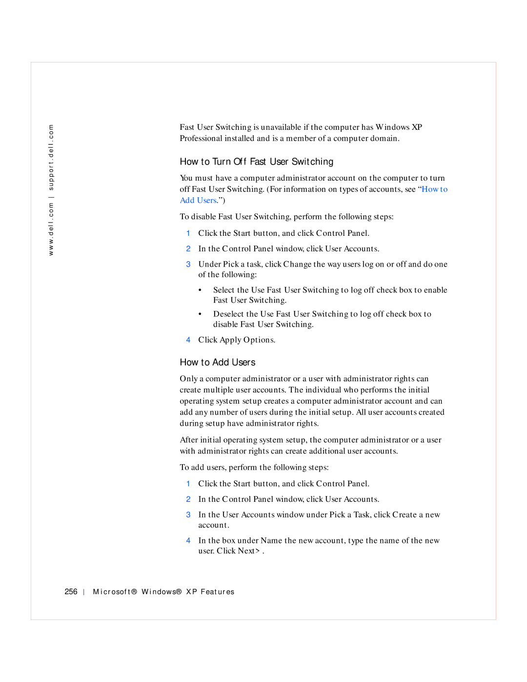 Dell GX240 manual How to Turn Off Fast User Switching, How to Add Users, Microsof t Windows XP Features 