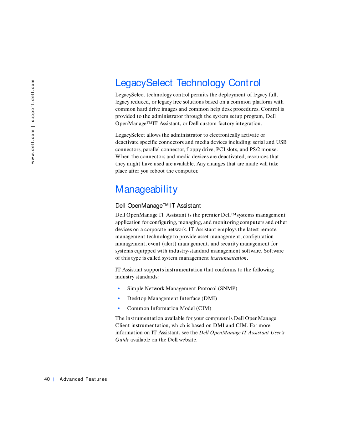 Dell GX240 manual LegacySelect Technology Control, Manageability, Dell OpenManage IT Assistant, Advanced Features 