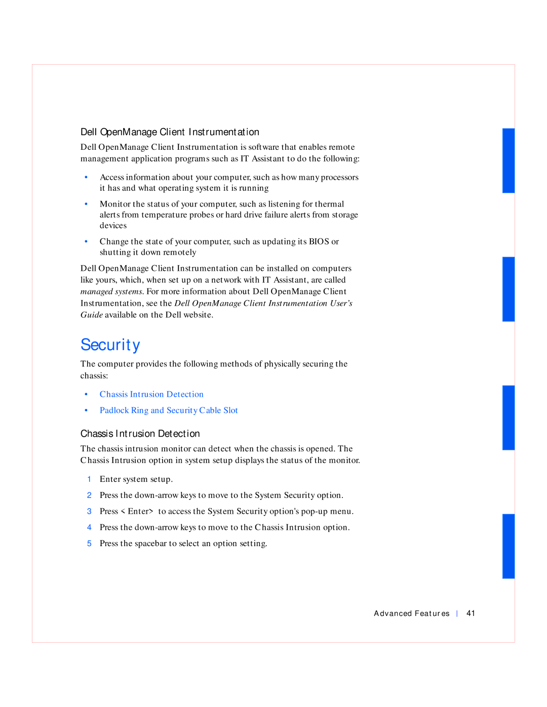 Dell GX240 manual Security, Dell OpenManage Client Instrumentation, Chassis Intrusion Detection 