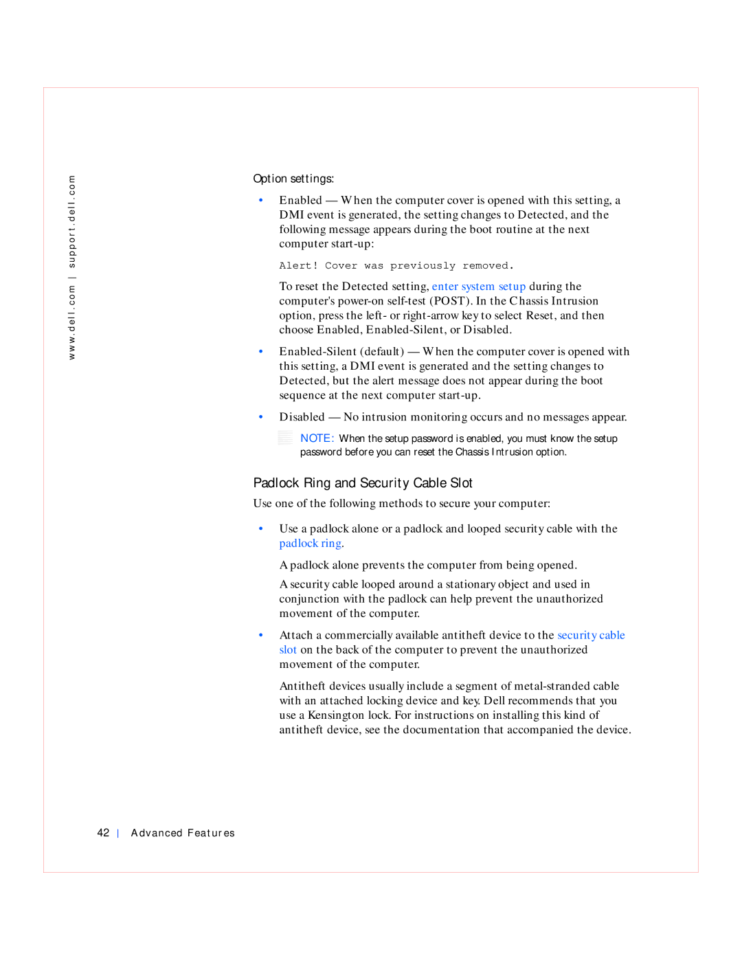 Dell GX240 manual Padlock Ring and Security Cable Slot, Option settings 