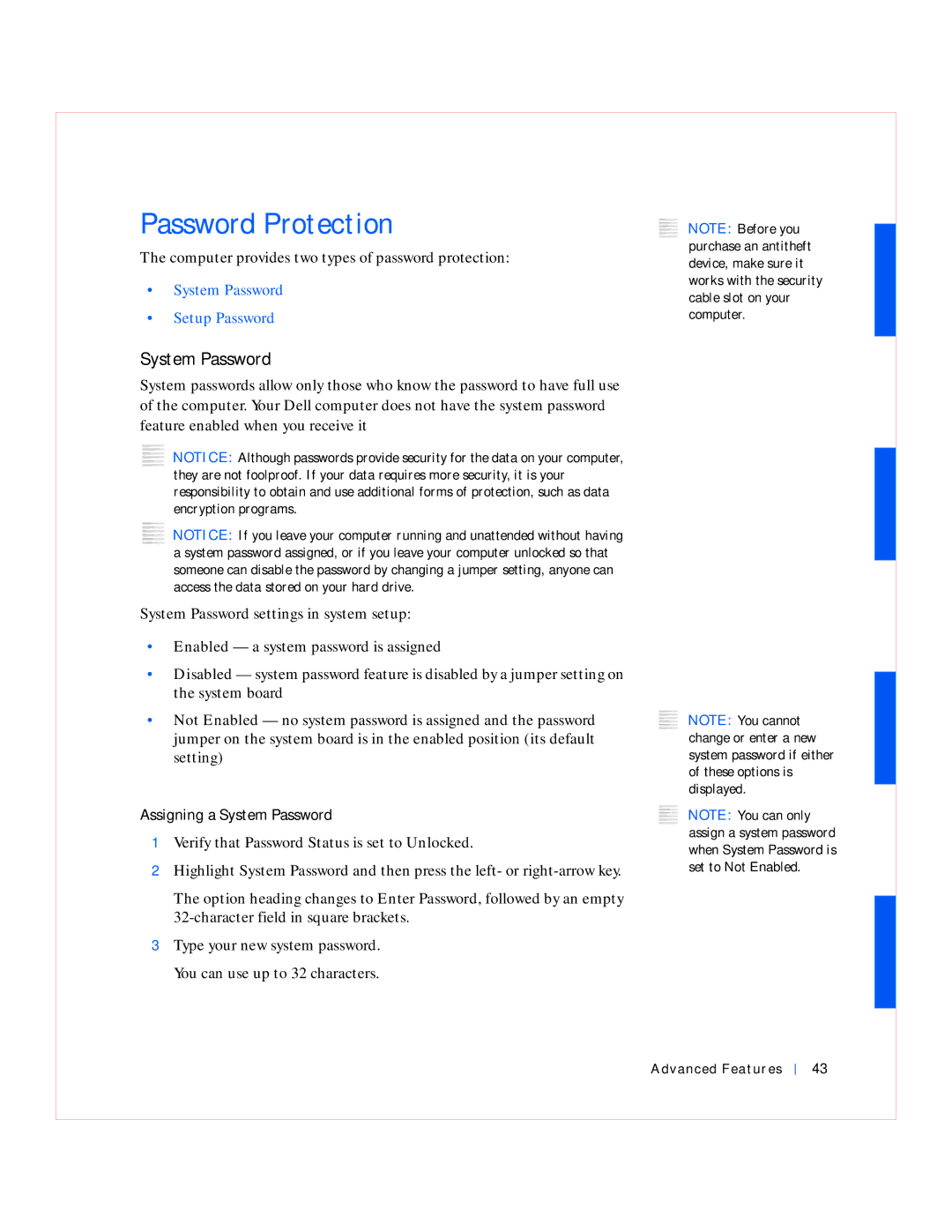 Dell GX240 manual Password Protection, Assigning a System Password 