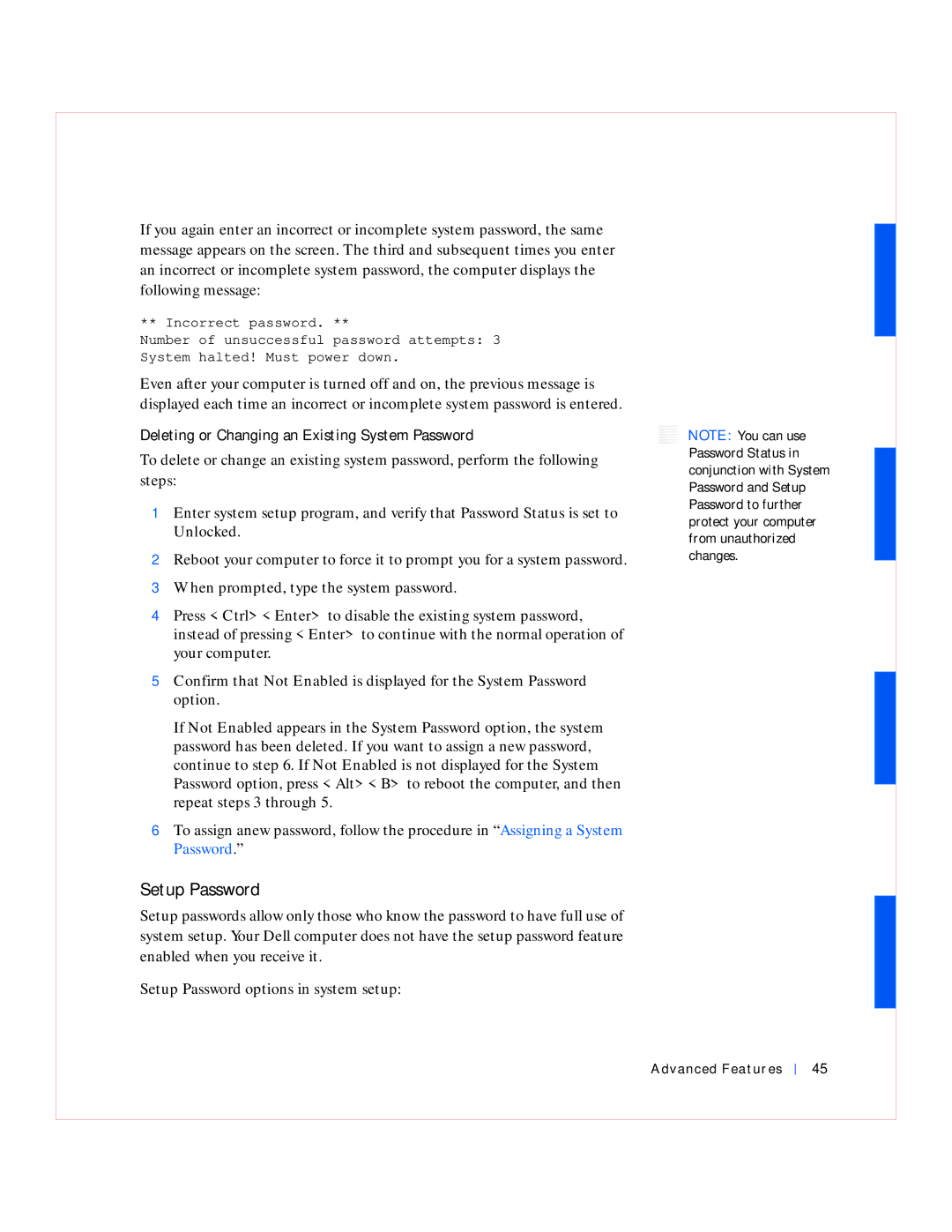 Dell GX240 manual Setup Password, Deleting or Changing an Existing System Password 