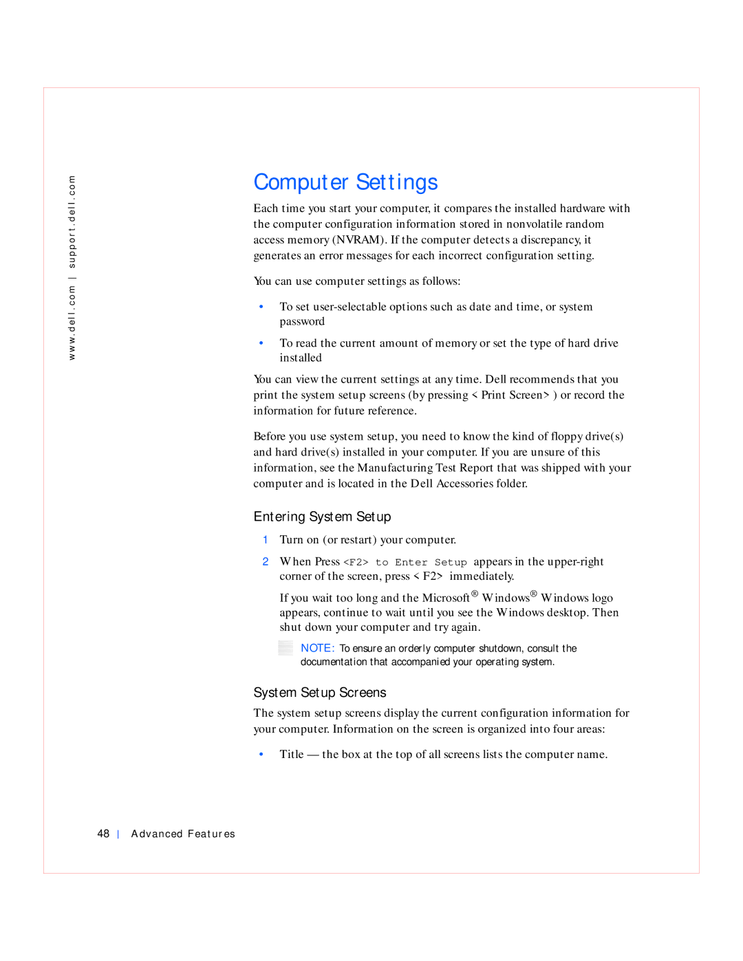 Dell GX240 manual Computer Settings, Entering System Setup, System Setup Screens 