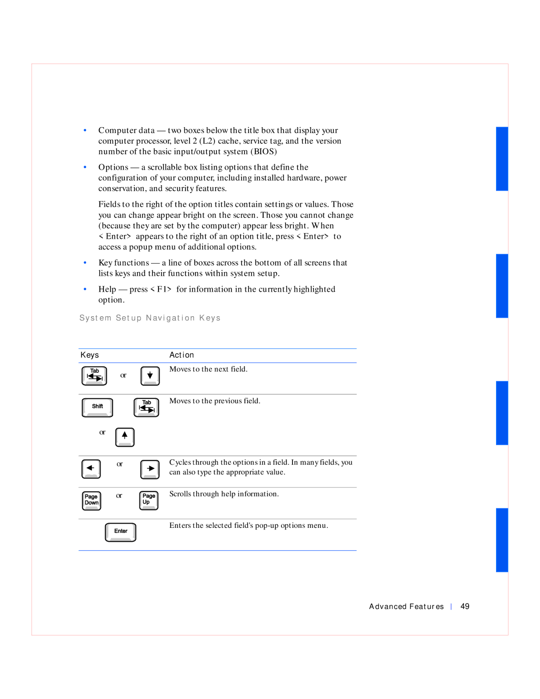 Dell GX240 manual S t e m S e t up N a v i g a t i o n Ke y s, Keys Action 