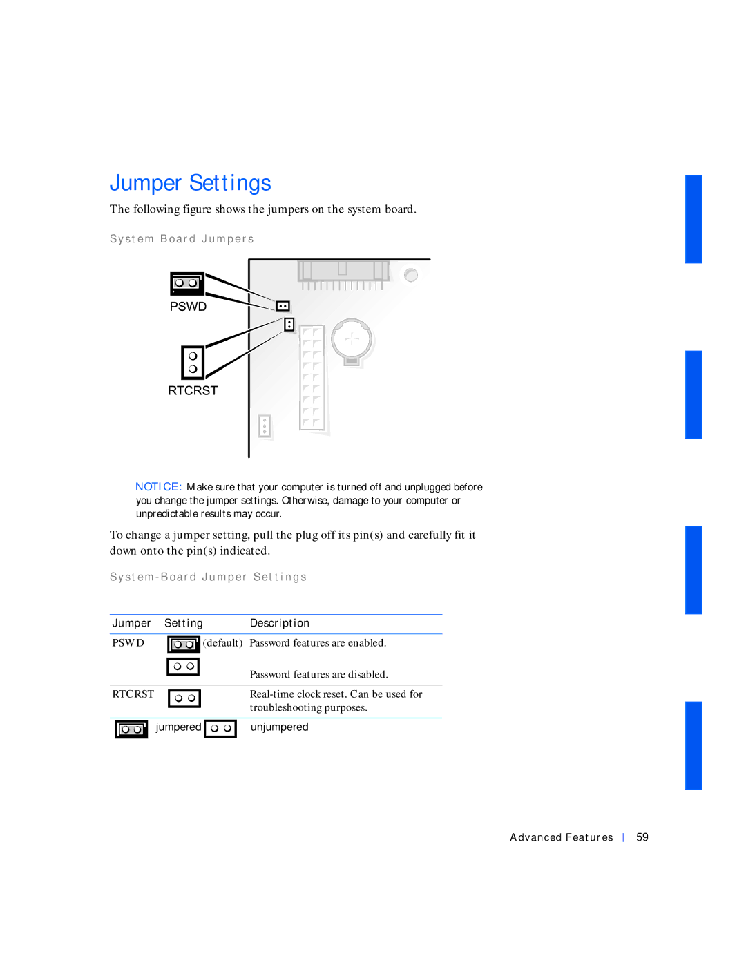 Dell GX240 manual Jumper Settings, Jumper Setting Description 