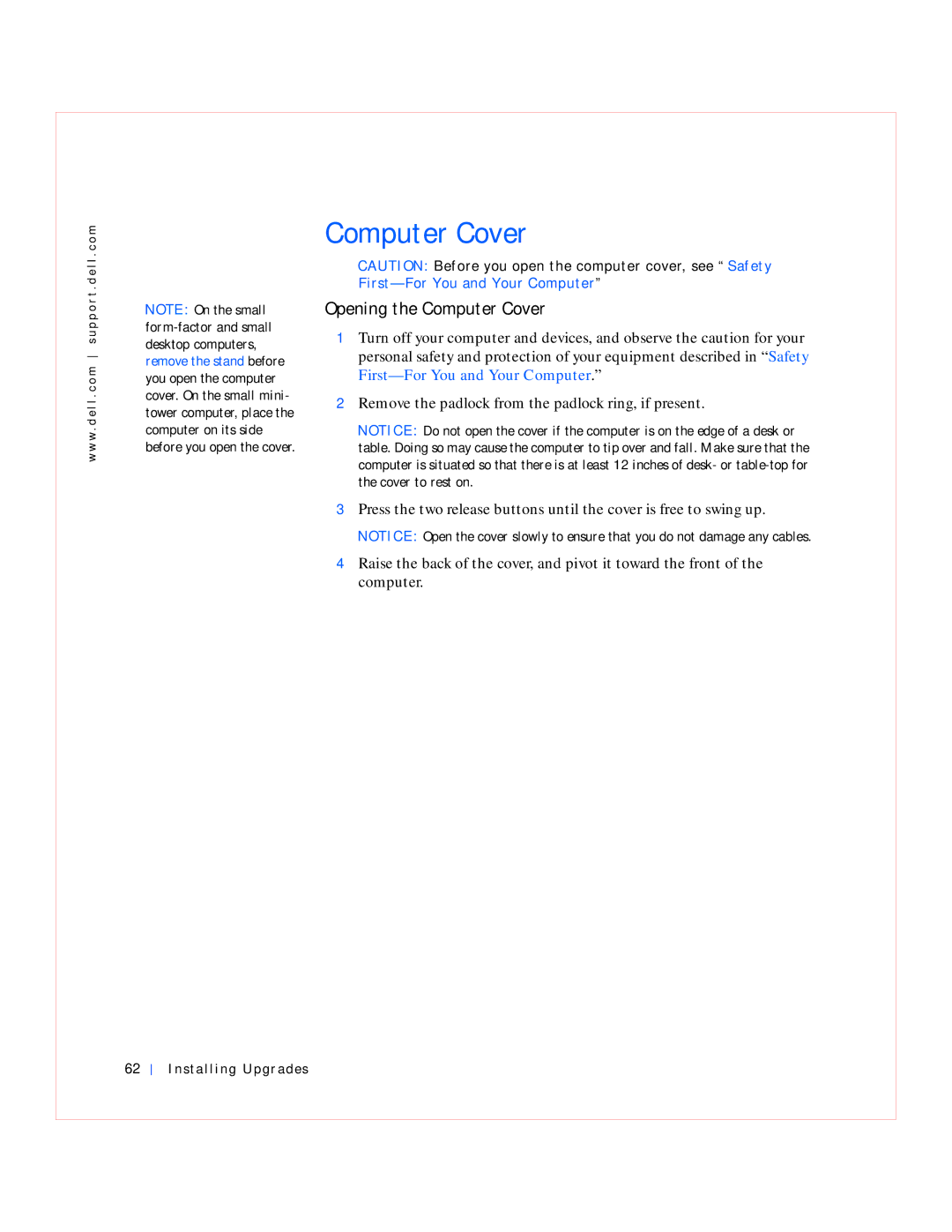 Dell GX240 manual Opening the Computer Cover, Installing Upgrades 