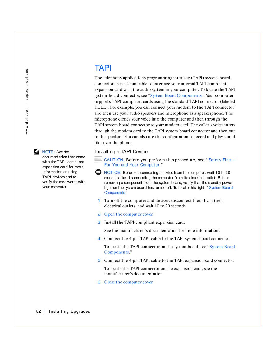 Dell GX240 manual Installing a Tapi Device 