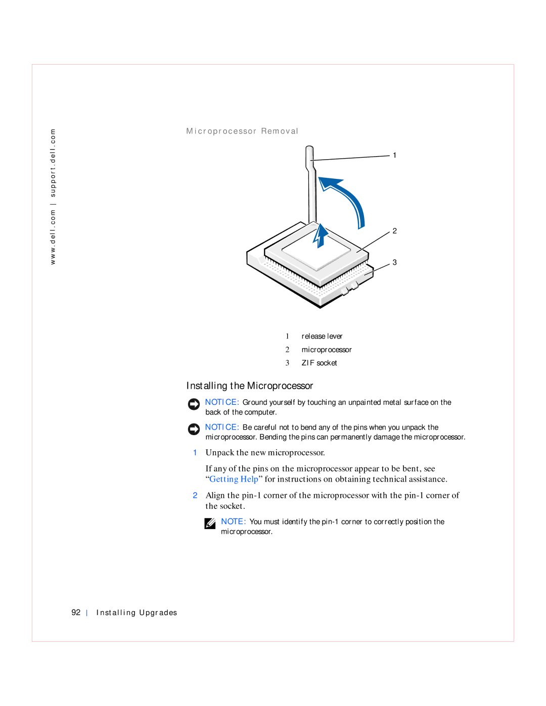 Dell GX240 manual Installing the Microprocessor, Release lever Microprocessor ZIF socket 