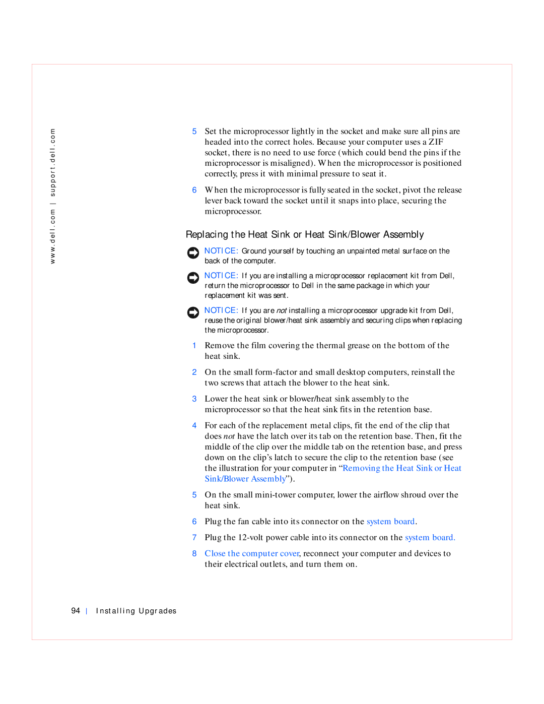 Dell GX240 manual Replacing the Heat Sink or Heat Sink/Blower Assembly 