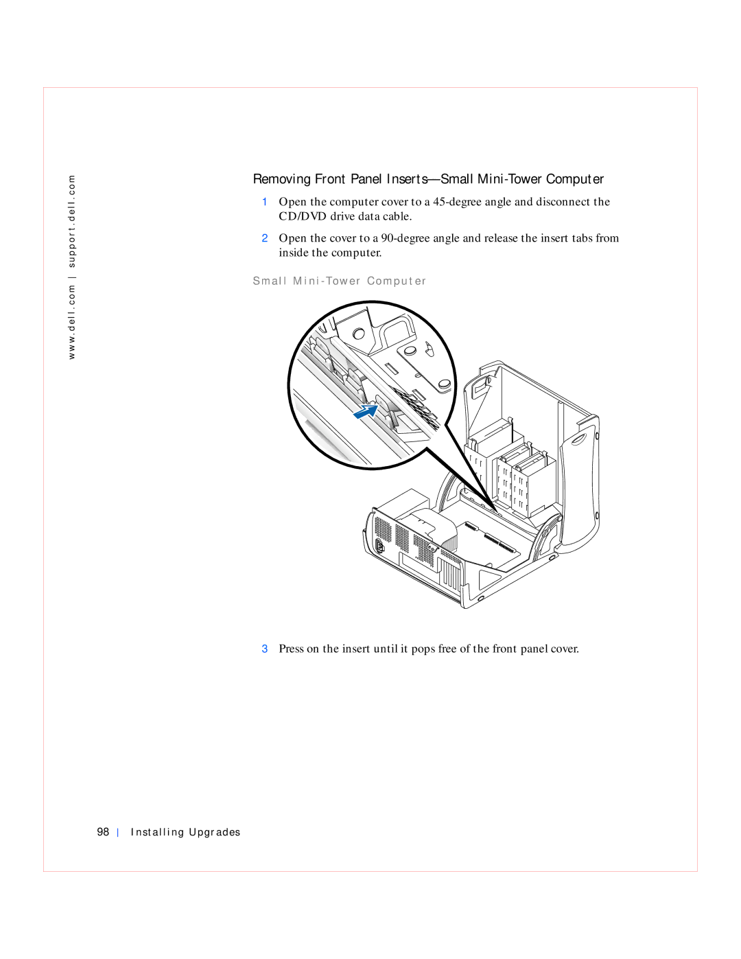 Dell GX240 manual Removing Front Panel Inserts-Small Mini-Tower Computer 