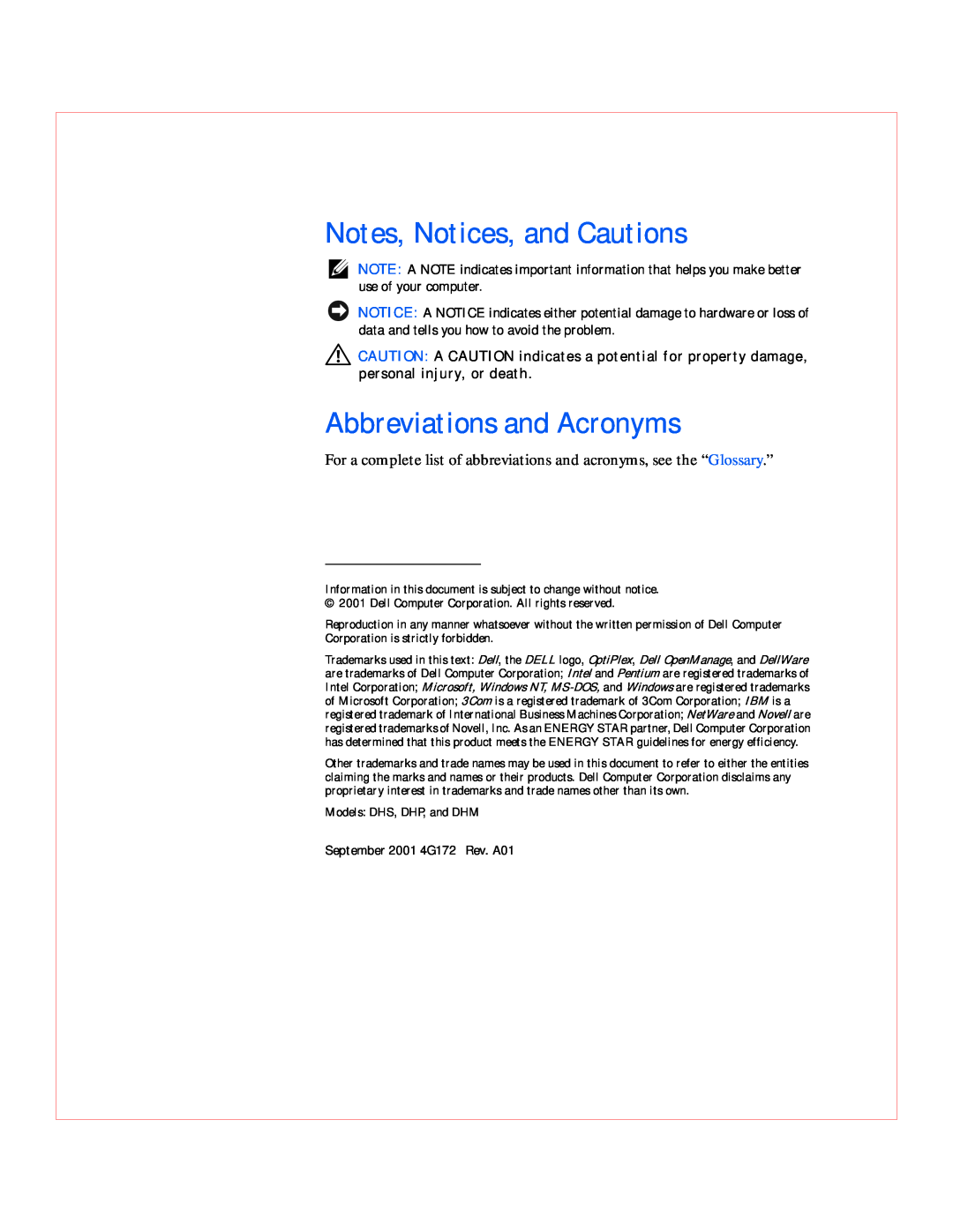Dell GX240 manual Notes, Notices, and Cautions, Abbreviations and Acronyms, ____________________ 