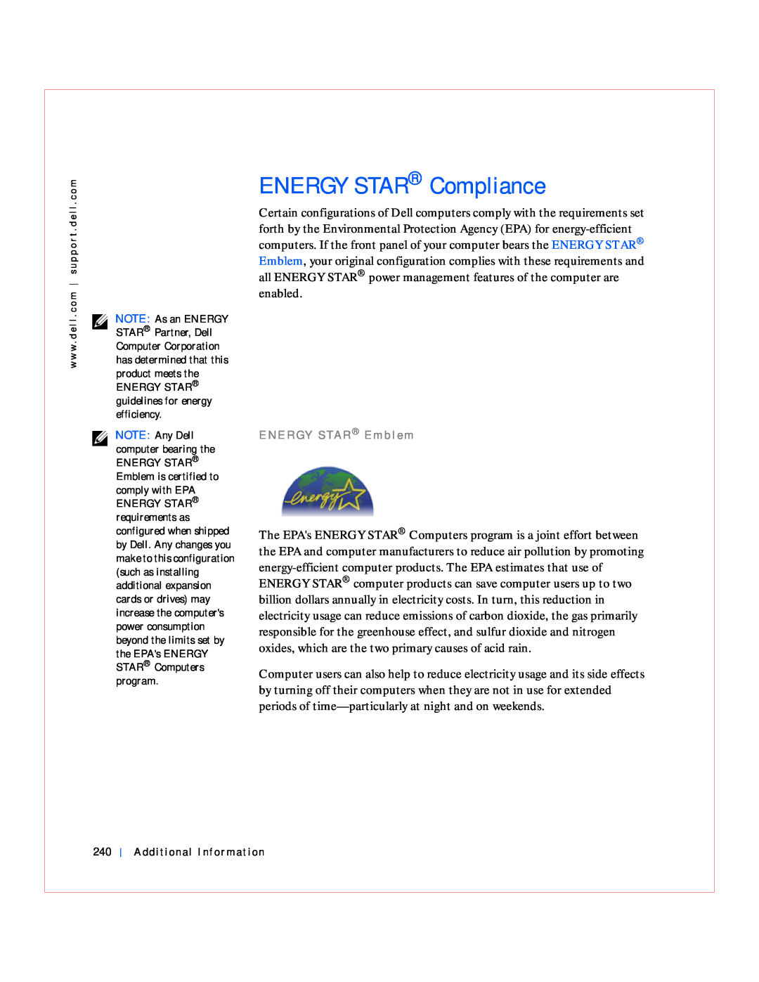 Dell GX240 manual ENERGY STAR Compliance, ENERGY STAR guidelines for energy efficiency, Additional Information 