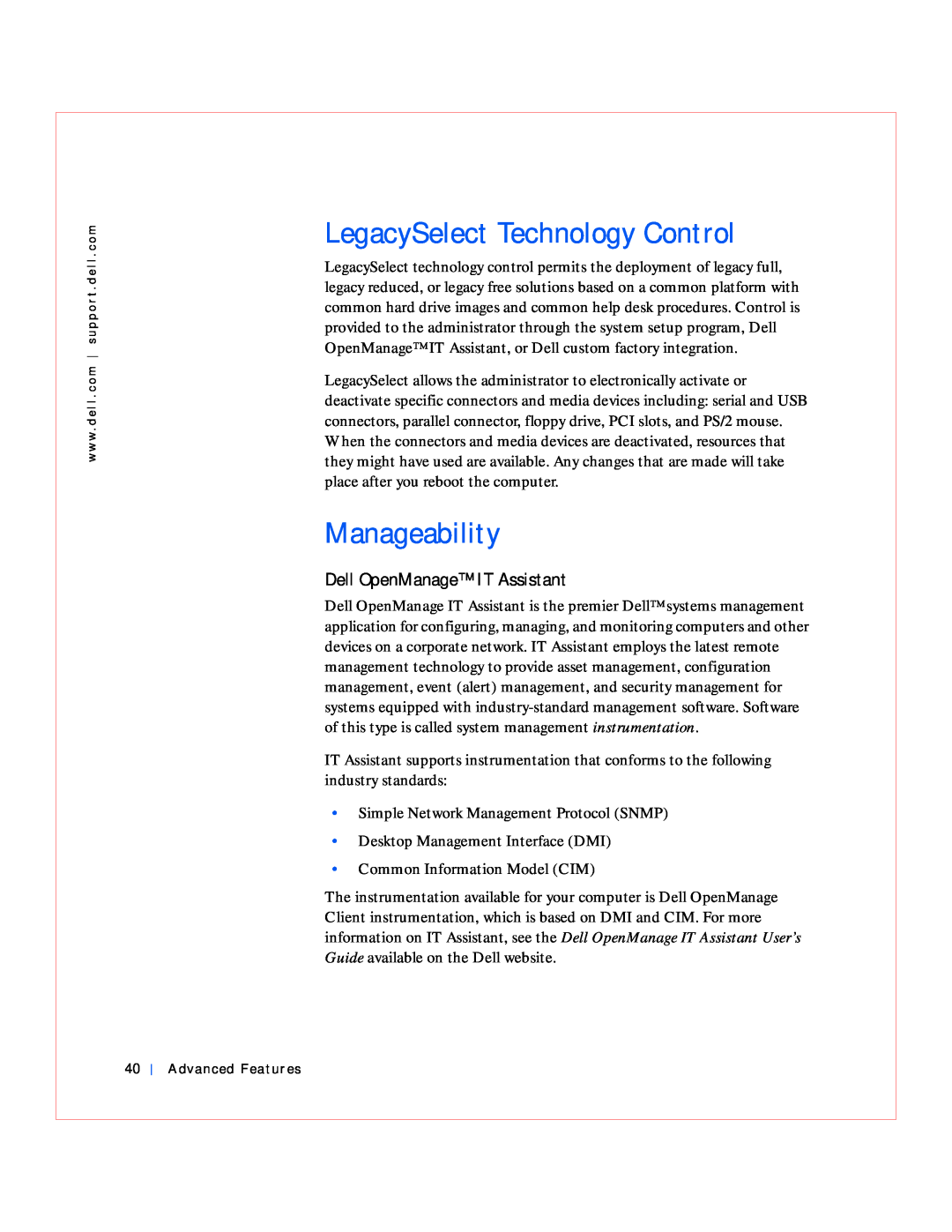 Dell GX240 manual LegacySelect Technology Control, Manageability, Dell OpenManage IT Assistant 