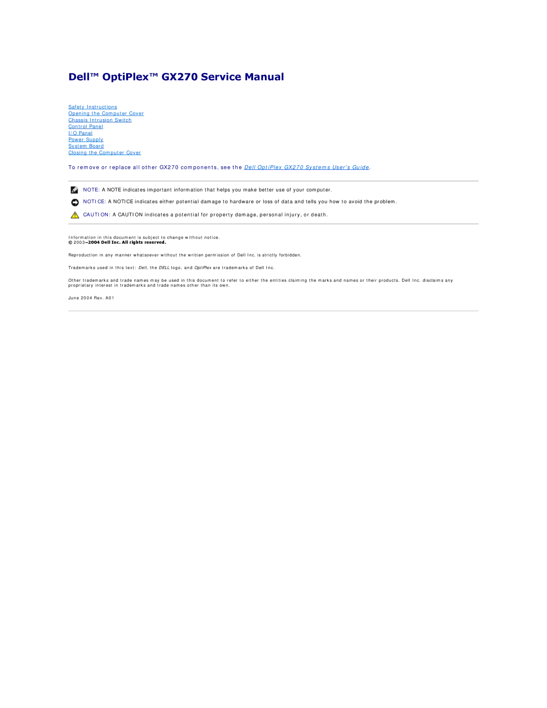 Dell GX270 manual June 2004 Rev. A01 