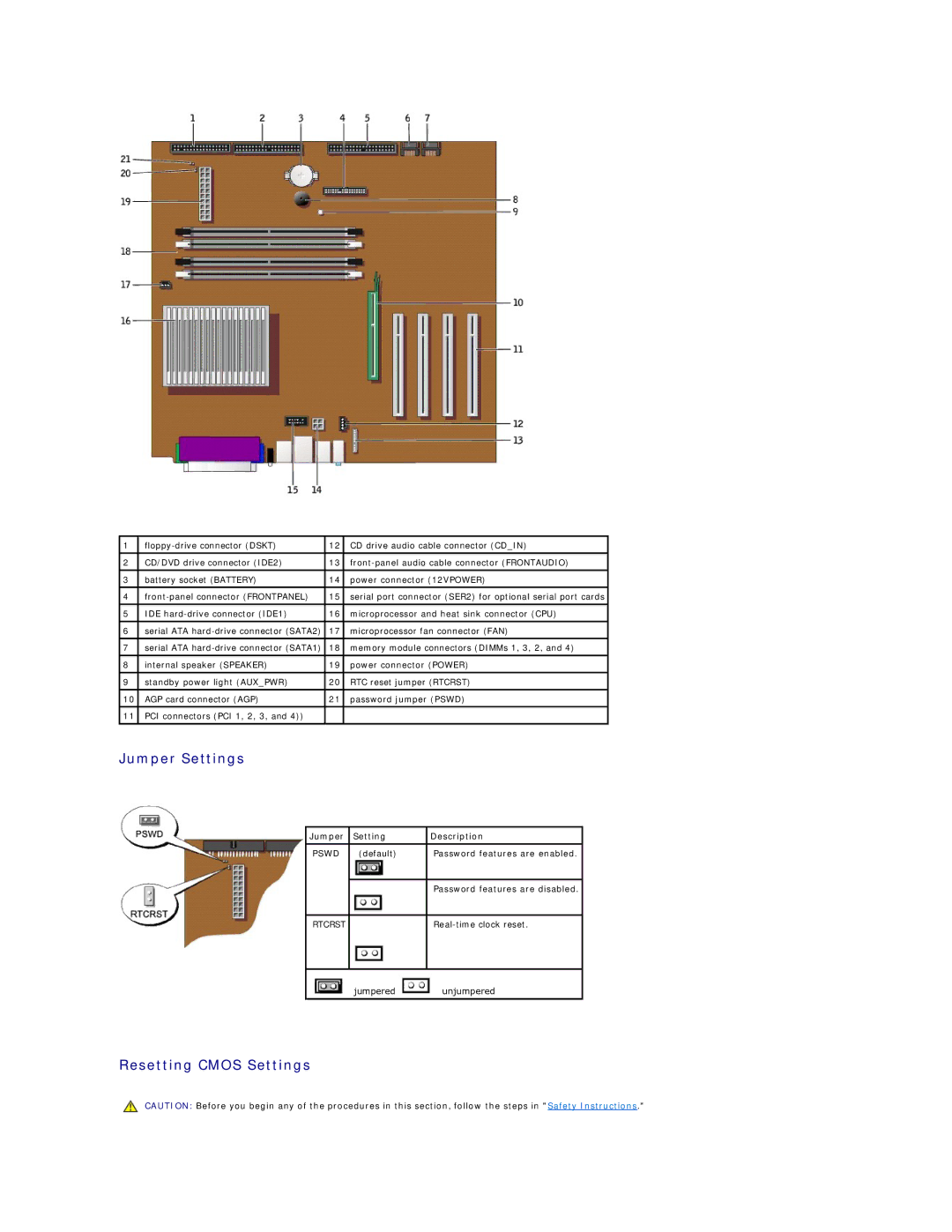 Dell GX270 manual Jumper Settings, Resetting Cmos Settings 